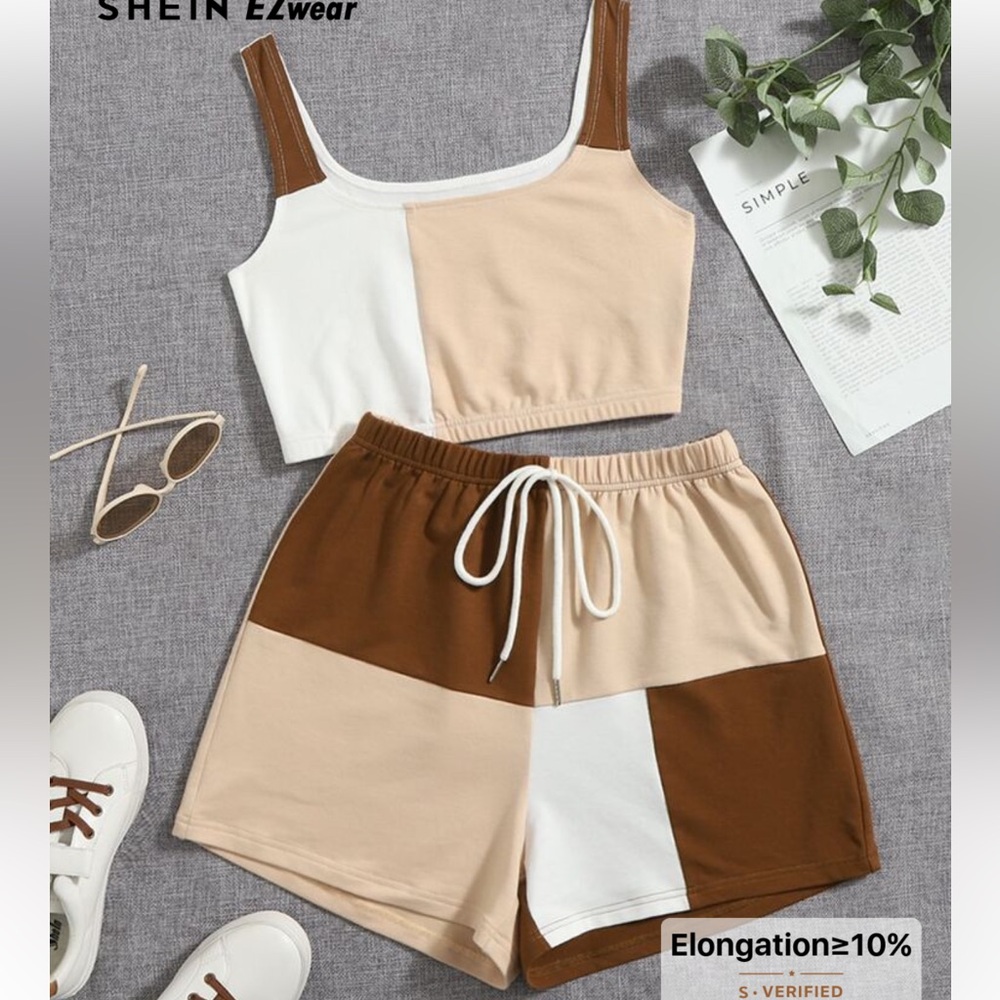 SHEIN Color Block Top and Shorts Set - White, Brown, Tan